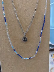 Layered blue and white seed bead necklace with silver cross disc pendant on oxidized box chain — Jan Leslie