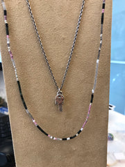 Layered black and pink seed bead necklace with silver double key pendant on oxidized box chain — Jan Leslie