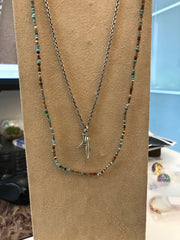 Layered multicolor seed bead necklace with silver double feather pendant on oxidized box chain — Jan Leslie