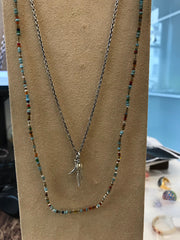 Layered multicolor seed bead necklace with silver double feather pendant on oxidized box chain — Jan Leslie