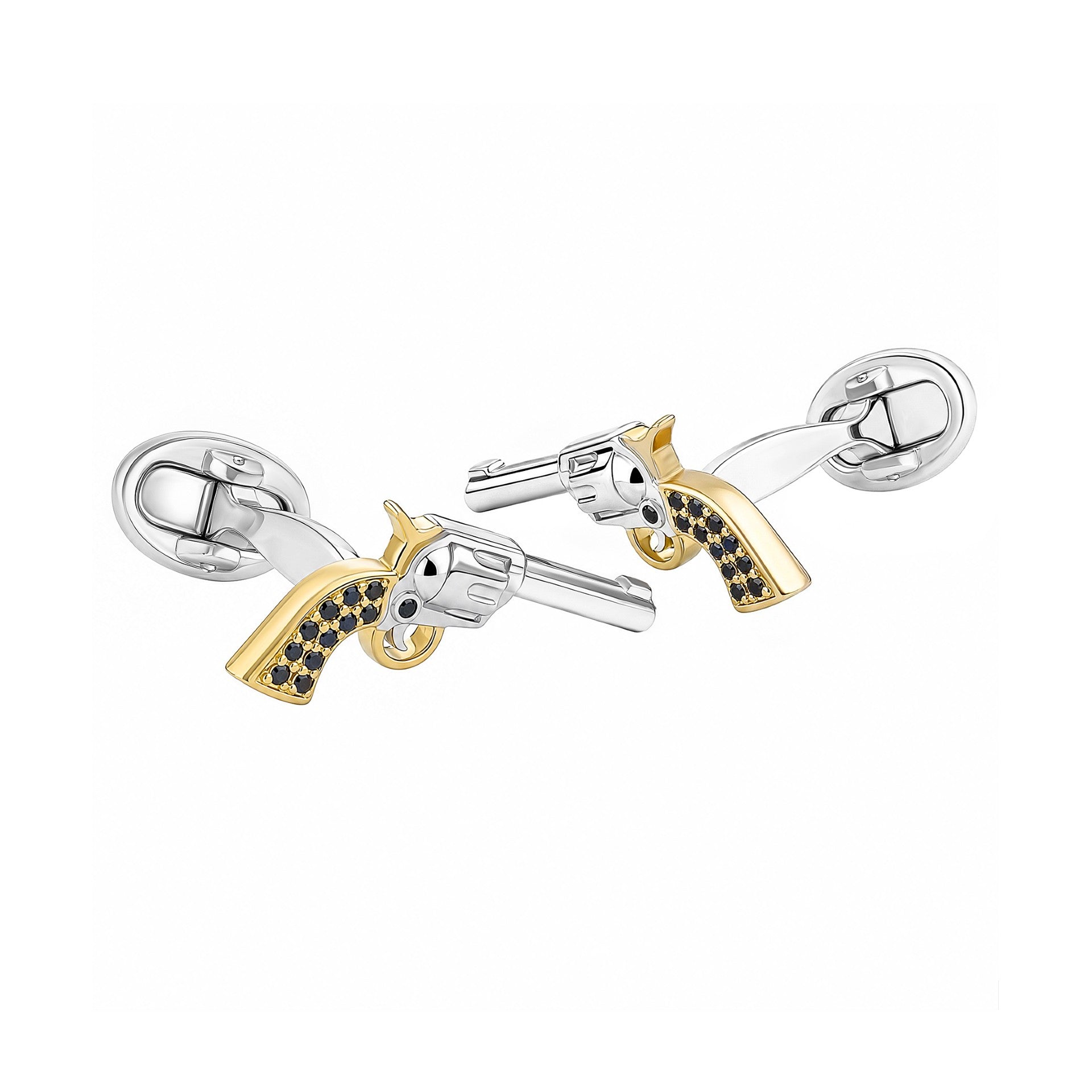 Sculpted sterling silver revolver cufflinks with a polished barrel, gold vermeil grip set with black diamond pavé, and oval swivel-back closure