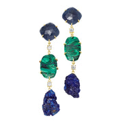 Gold vermeil triple-drop earrings with faceted sapphire, malachite, raw azurite crystal, and CZ connectors. Bold, natural luxury. Jan Leslie