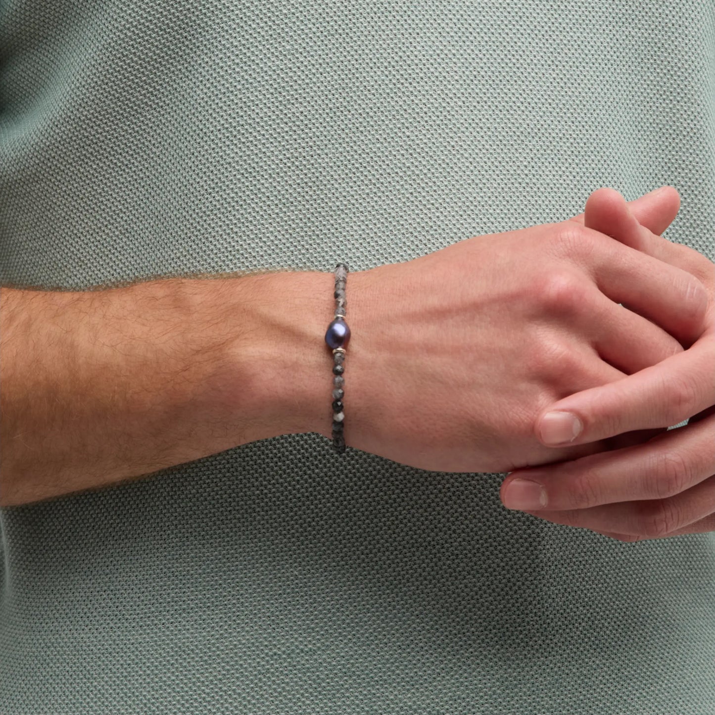 Rutliated Quartz Beaded Bracelet with Grey Pearl
