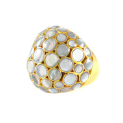Gold vermeil grey mother-of-pearl bubble dome cocktail ring full angled view showing dome silhouette iridescent MOP surface and polished gold shank by Jan Leslie