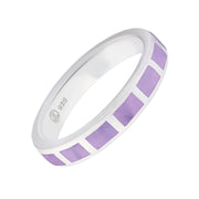 Sterling silver eternity band ring with segmented lavender purple enamel rectangular inlay pattern, polished silver dividers, and 925 Jan Leslie hallmark stamp on inner band, luxury women's fine jewelry.