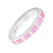Sterling silver 925 band ring with segmented pink mother of pearl inlay tiles around the band.