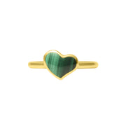 Front face view of gold vermeil sterling silver single malachite heart solitaire ring with bezel-set banded green stone and polished yellow gold band, Jan Leslie luxury women's fine jewelry.