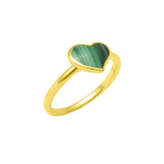 Gold vermeil sterling silver single malachite heart solitaire ring with bezel-set banded green stone and slim polished band, Jan Leslie luxury women's fine jewelry.