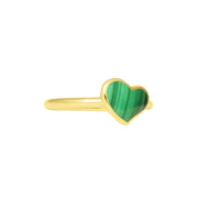 Side profile view of gold vermeil sterling silver single malachite heart solitaire ring showing banded green stone depth and slim polished yellow gold band, Jan Leslie luxury women's fine jewelry.