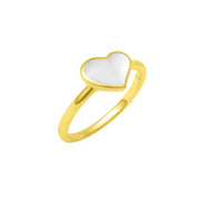 Gold vermeil sterling silver single white mother of pearl heart solitaire ring with bezel-set iridescent stone and slim polished yellow gold band, Jan Leslie luxury women's fine jewelry.