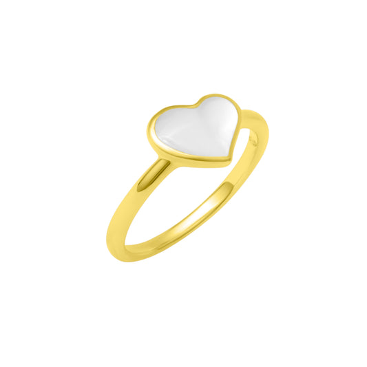 Gold vermeil sterling silver single white mother of pearl heart solitaire ring with bezel-set iridescent stone and slim polished yellow gold band, Jan Leslie luxury women's fine jewelry.