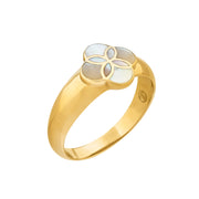 Front face overhead view of gold vermeil sterling silver slim band white mother of pearl floral lattice quatrefoil ring showing iridescent shell inlay with gold curved petal overlay pattern on polished slim shank, Jan Leslie