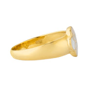 Side profile of gold vermeil sterling silver slim band white mother of pearl floral lattice quatrefoil ring showing polished rounded shank with engraved 925 Jan Leslie hallmark stamp