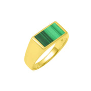 Gold vermeil sterling silver rectangular malachite signet ring with bezel-set banded green stone inlay and tapered polished band with Jan Leslie hallmark, luxury men's fine jewelry.