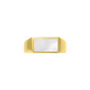 Front face view of gold vermeil sterling silver rectangular white mother of pearl signet ring showing full iridescent stone inlay and polished gold bezel frame, Jan Leslie luxury men's fine jewelry.