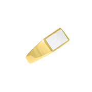 Gold vermeil sterling silver rectangular white mother of pearl signet ring with bezel-set iridescent stone inlay and tapered polished band with Jan Leslie hallmark, luxury men's fine jewelry.