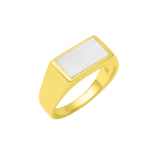 Side profile view of gold vermeil sterling silver rectangular white mother of pearl signet ring showing iridescent stone depth and polished tapered gold shank, Jan Leslie luxury men's fine jewelry.