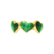Front face view of gold vermeil sterling silver triple malachite heart eternity band ring with three bezel-set banded green stone hearts, Jan Leslie luxury women's fine jewelry.