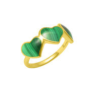 Gold vermeil sterling silver triple malachite heart statement ring with bezel-set graduated heart inlays and polished band with Jan Leslie signature, luxury women's fine jewelry.