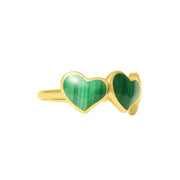 Side profile view of gold vermeil sterling silver double malachite heart ring showing banded green stone texture and polished yellow gold band, Jan Leslie luxury women's fine jewelry.