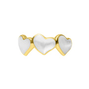 Front face view of gold vermeil sterling silver triple white mother of pearl heart eternity band ring with three bezel-set iridescent heart inlays, Jan Leslie luxury women's fine jewelry.