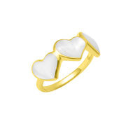 Gold vermeil sterling silver triple white mother of pearl heart statement ring with bezel-set graduated heart inlays and polished band with Jan Leslie signature, luxury women's fine jewelry.