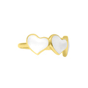 Side profile view of gold vermeil sterling silver double white mother of pearl heart ring showing iridescent stone sheen and polished yellow gold band, Jan Leslie luxury women's fine jewelry.