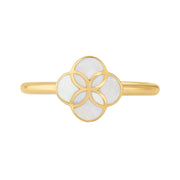 Gold vermeil sterling silver white mother of pearl floral lattice quatrefoil ring. Jan Leslie