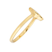 Side profile of gold vermeil sterling silver white mother of pearl floral lattice quatrefoil ring showing polished rounded band with engraved JL Jan Leslie