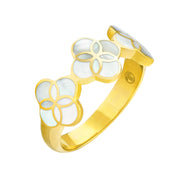 Gold-plated triple flower bypass ring with white mother-of-pearl petal inlay.
