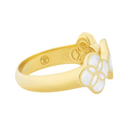 Mother-of-pearl floral cluster ring in 18k gold vermeil — showcasing the signature Jan Leslie hallmark and intricate petal inlay craftsmanship that defines heirloom-quality luxury jewelry.
