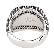 Sterling silver oxidized mesh-texture wide signet ring interior view showing Jan Leslie JL monogram stamp 925 hallmark and oxidized wheat chevron border engraving by Jan Leslie