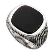 Cushion black onyx sterling silver signet ring with oxidized cross