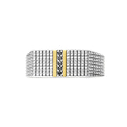 Wide-band two-tone sterling silver men's ring with a raised grid texture, gold bar detailing, and a vertical pavé black diamond center row.