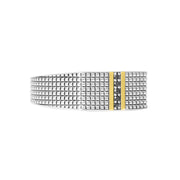 Wide-band two-tone sterling silver men's ring with a raised grid texture, gold bar detailing, and a vertical pavé black diamond center row.