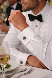 3D trefoil knot cufflink pair with densely pavé-set faceted marcasite stones