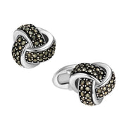3D trefoil knot cufflink pair with densely pavé-set faceted marcasite stones
