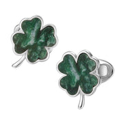 Four-leaf clover cufflink pair with deep forest green onyx inlay 