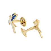18K gold Pegasus cufflinks with white mother-of-pearl body and blue enamel wings. Jan Leslie.