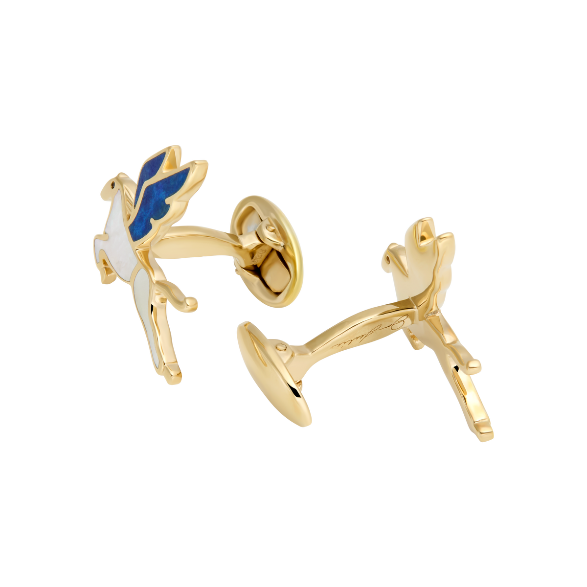 18K gold Pegasus cufflinks with white mother-of-pearl body and blue enamel wings. Jan Leslie.