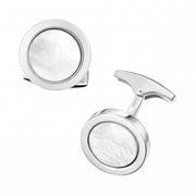 Polished sterling silver round cufflinks with white mother-of-pearl inlay and whale-back closure, Jan Leslie