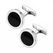 Polished sterling silver round black onyx cufflinks showing whale-back swivel closure, Jan Leslie