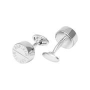 Sterling silver aspirin tablet cufflinks with embossed ASPIRIN score line face and polished barrel body with T-bar back closure, luxury novelty men's fine jewelry.