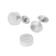 Exploded view of sterling silver volleyball cufflinks showing removable engraved face cap, hollow barrel body, and swivel back closure, luxury sports men's fine jewelry.
