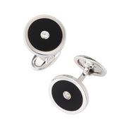 Black onyx and CZ round sterling silver cufflinks showing whale-back toggle mechanism — Jan Leslie