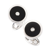Black onyx and CZ round cufflinks in rhodium-plated sterling silver with whale-back toggle — Jan Leslie