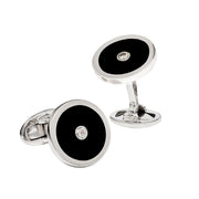 Black onyx and CZ round cufflinks in rhodium-plated sterling silver with whale-back toggle — Jan Leslie
