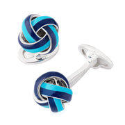 Sterling silver navy turquoise and white striped enamel love knot cufflinks pair showing three-dimensional knot form and whale-back closure by Jan Leslie