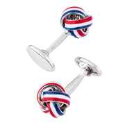 Sterling silver navy and turquoise enamel love knot cufflinks pair angled view showing knot detail by Jan Leslie.