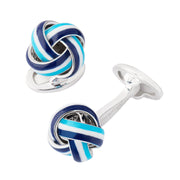 Sterling silver red white and blue striped enamel love knot cufflinks pair angled view showing stripe detail by Jan Leslie.